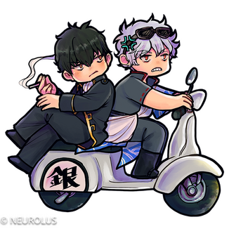A chibi illustration of Gintoki and Hijikata on Gin-chan's scooter.