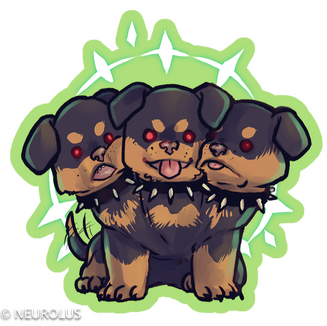 A drawing of a three-headed dog, each head showing a Rottweiler puppy with a different personality.