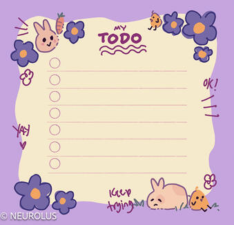 A cute notepad page in pastel colors, with bunnies and purple flowers around the borders. The header says "my to do", and the bottom text says "keep trying"